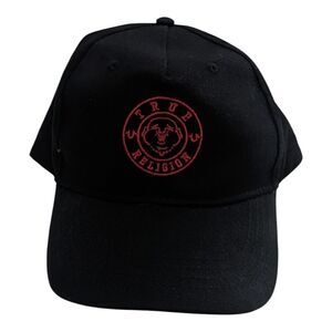 True Religion Hat Snapback Baseball Poker Cap‎ Black Red Buddha Smiley Face Logo